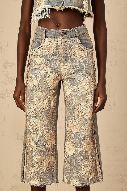 Iliana Blue Lace Panel Wide Leg Jeans Premium Denim Floral Detailing
