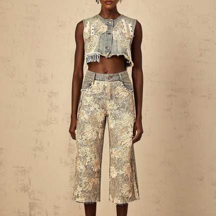 Iliana Blue Lace Panel Wide Leg Jeans in Premium Denim with Floral-Lace Detailing