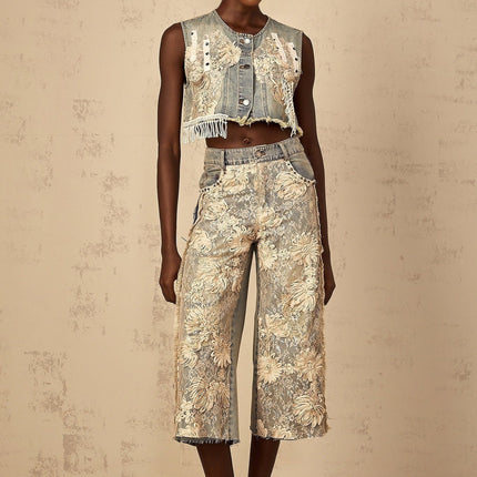 Iliana Blue Lace Panel Wide Leg Jeans in Premium Denim with Floral-Lace Detailing