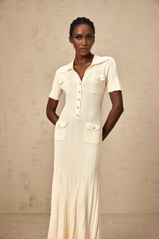 Iliana Flared Hem V-neck Midi Dress in Neutrals