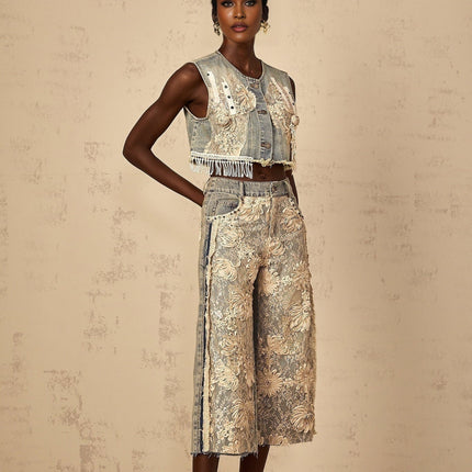 Iliana Blue Lace Panel Wide Leg Jeans in Premium Denim with Floral-Lace Detailing and Frayed Edges