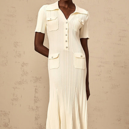 Iliana Neutrals Flared Hem V-neck Midi Dress