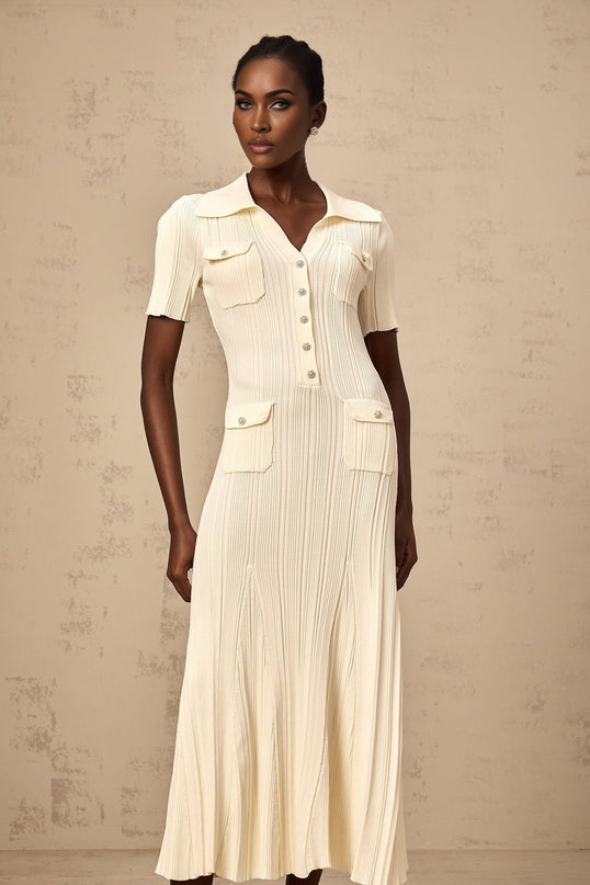 Iliana Neutrals Flared Hem V-neck Midi Dress