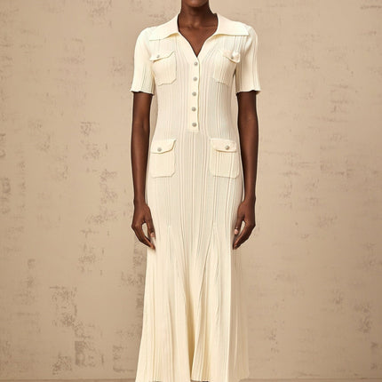 Iliana Neutrals Flared Hem V-neck Midi Dress