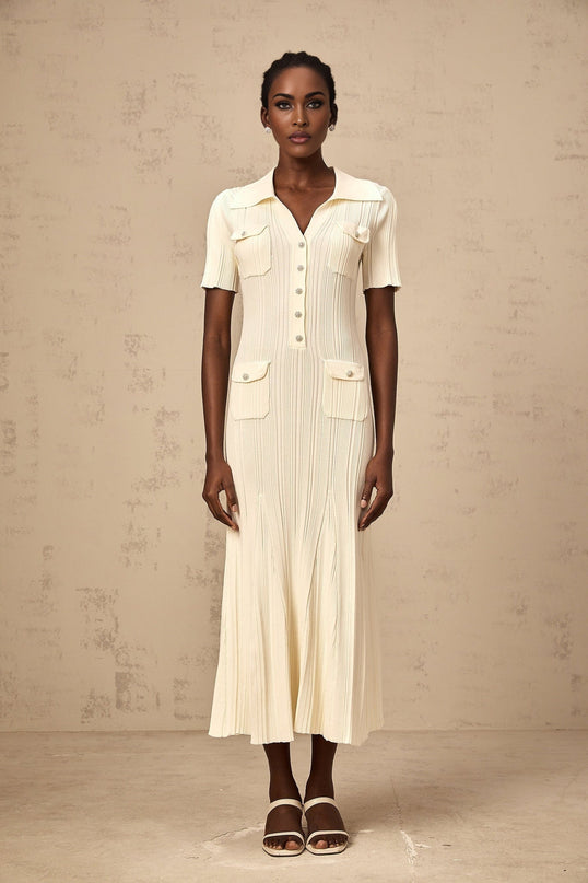 Iliana Neutrals Flared Hem V-neck Midi Dress