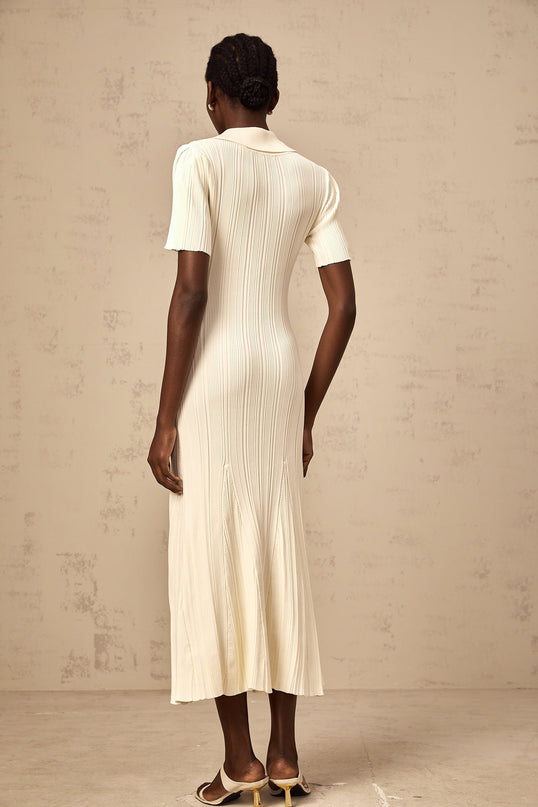 Iliana Neutrals Flared Hem V-neck Midi Dress