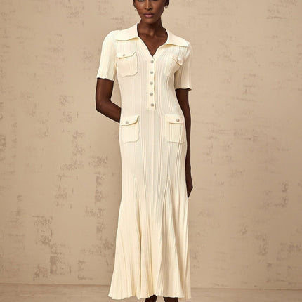 Iliana Neutrals Flared Hem V-neck Midi Dress