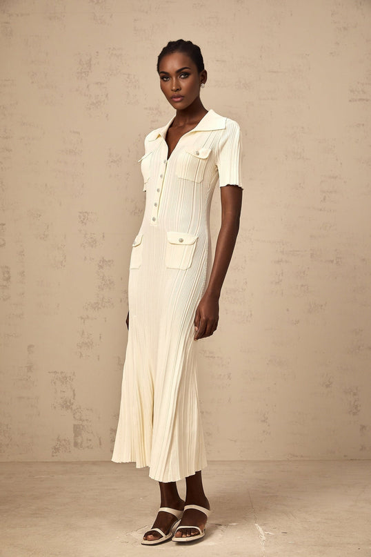Iliana Neutrals Flared Hem V-neck Midi Dress