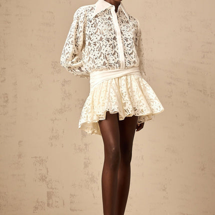 Iliana Off White Lace Mini Dress with Flounce Hem and Ruched Detailing