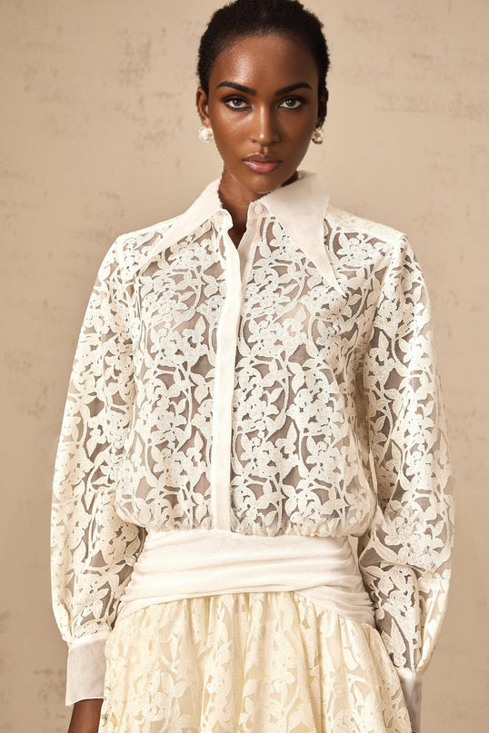 Iliana Off White Lace Mini Dress with Pleated Accents and Flounce Hem