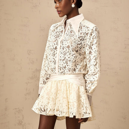 Iliana Off White Lace Mini Dress with Pleated Accents and Flounce Hem