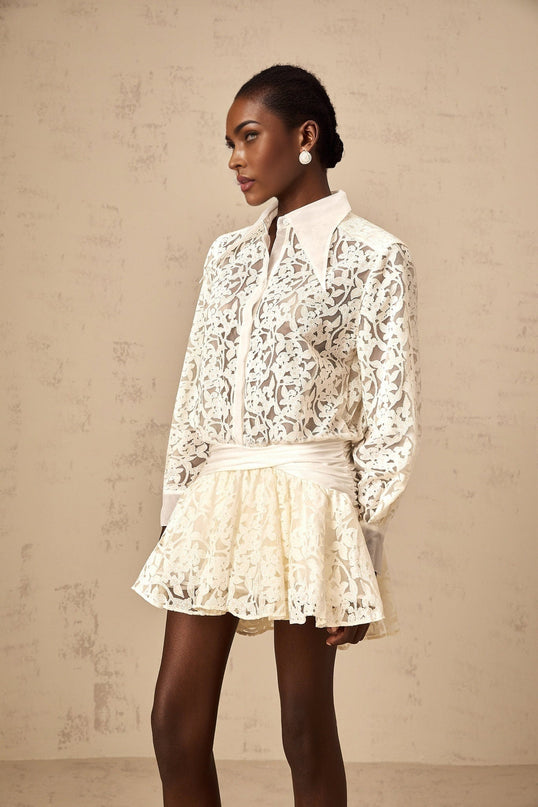 Iliana Off White Lace Mini Dress with Pleated Accents and Flounce Hem