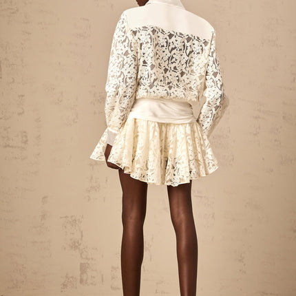 Iliana Off White Lace Mini Dress with Flounce Hem and Ruched Detailing