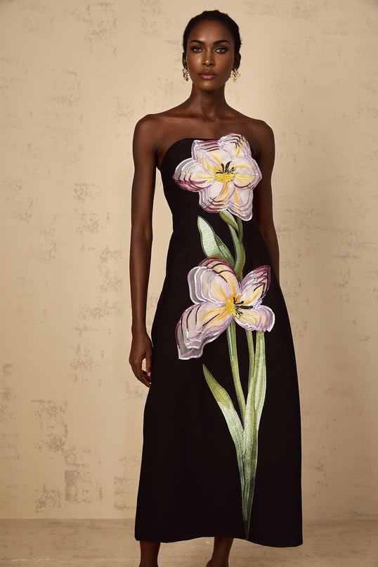 Image of a black offshoulder midi dress with sequin embroidery details named Irene featuring a fitted silhouette and elegant design