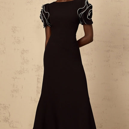 Imelda Black Maxi Dress with Ruffled Short Sleeves and Crystal Embellishments