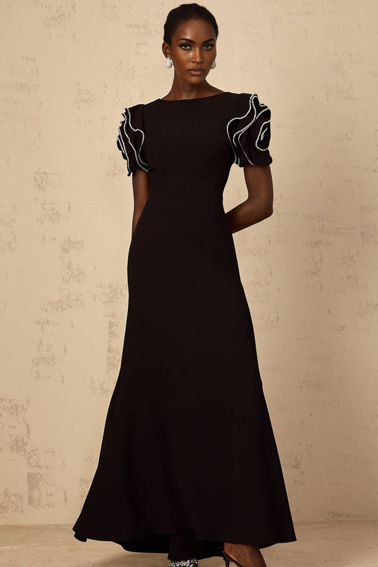 Imelda Black Maxi Dress with Ruffled Short Sleeves and Crystal Embellishments
