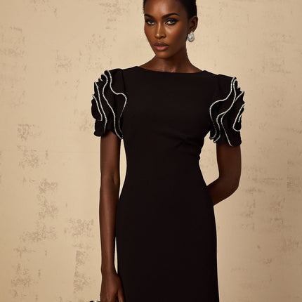 Imelda Black Maxi Dress with Ruffled Short Sleeves and Crystal Embellishments