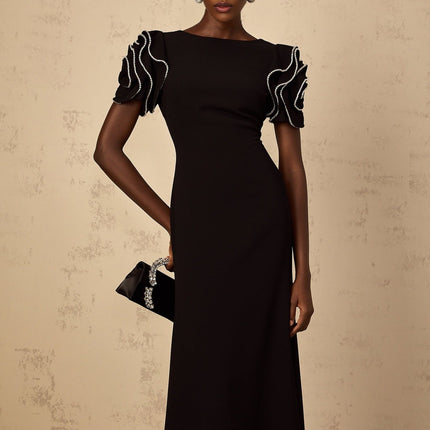 Imelda Black Maxi Dress with Ruffled Short Sleeves and Crystal Embellishments