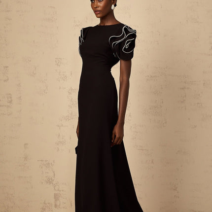 Imelda Black Maxi Dress with Ruffled Short Sleeves and Crystal Embellishments