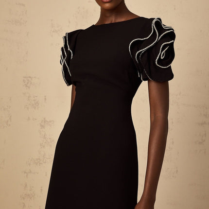 Imelda Black Maxi Dress with Ruffled Short Sleeves and Crystal Embellishments