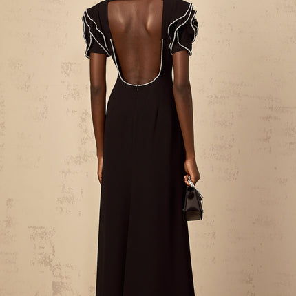 Imelda Black Maxi Dress with Ruffled Sleeves and Crystal Embellishments