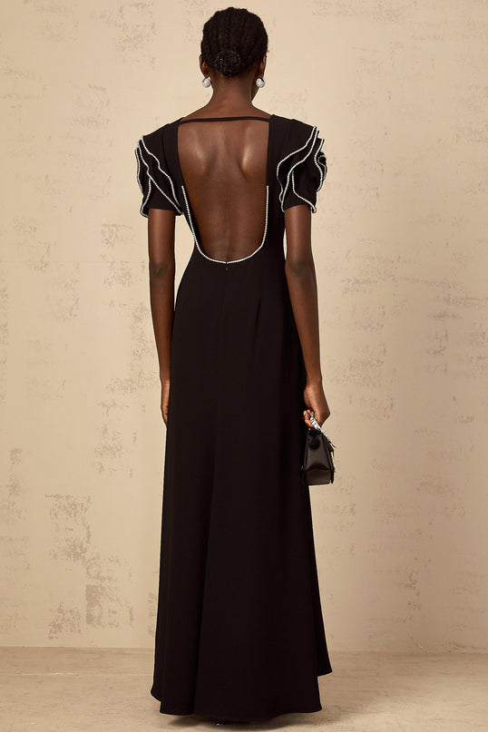 Imelda Black Maxi Dress with Ruffled Sleeves and Crystal Embellishments