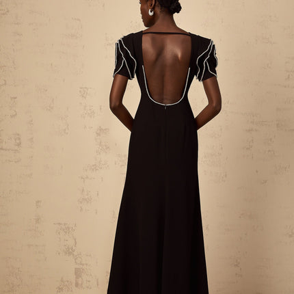 Imelda Black Maxi Dress with Ruffled Short Sleeves and Crystal Embellishments