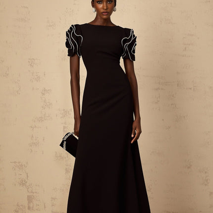 Imelda Black Maxi Dress with Ruffled Short Sleeves and Crystal Embellishments