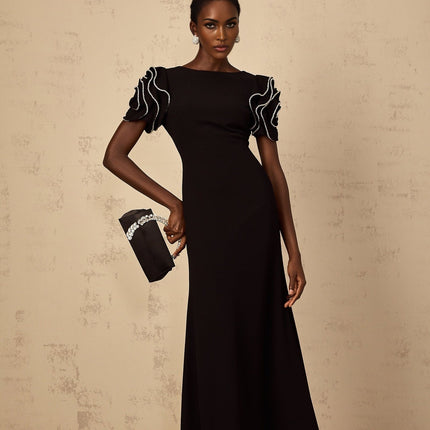 Imelda Black Maxi Dress with Ruffled Sleeves and Crystal Embellishments