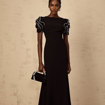 Imelda Black Maxi Dress with Ruffled Short Sleeves and Crystal Embellishments