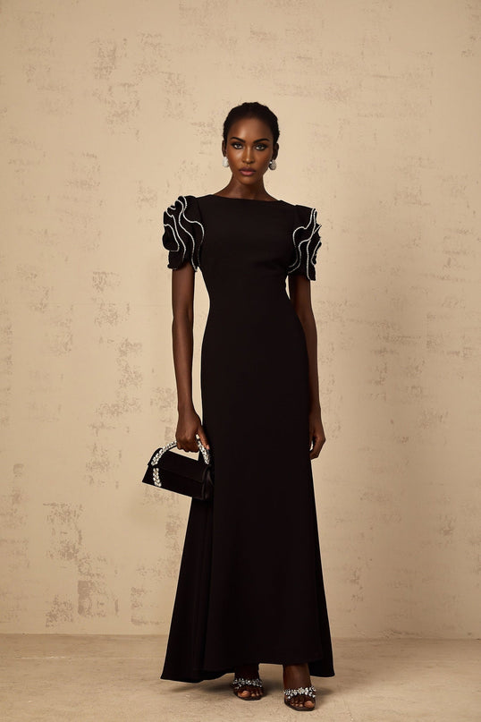 Imelda Black Maxi Dress with Ruffled Short Sleeves and Crystal Embellishments