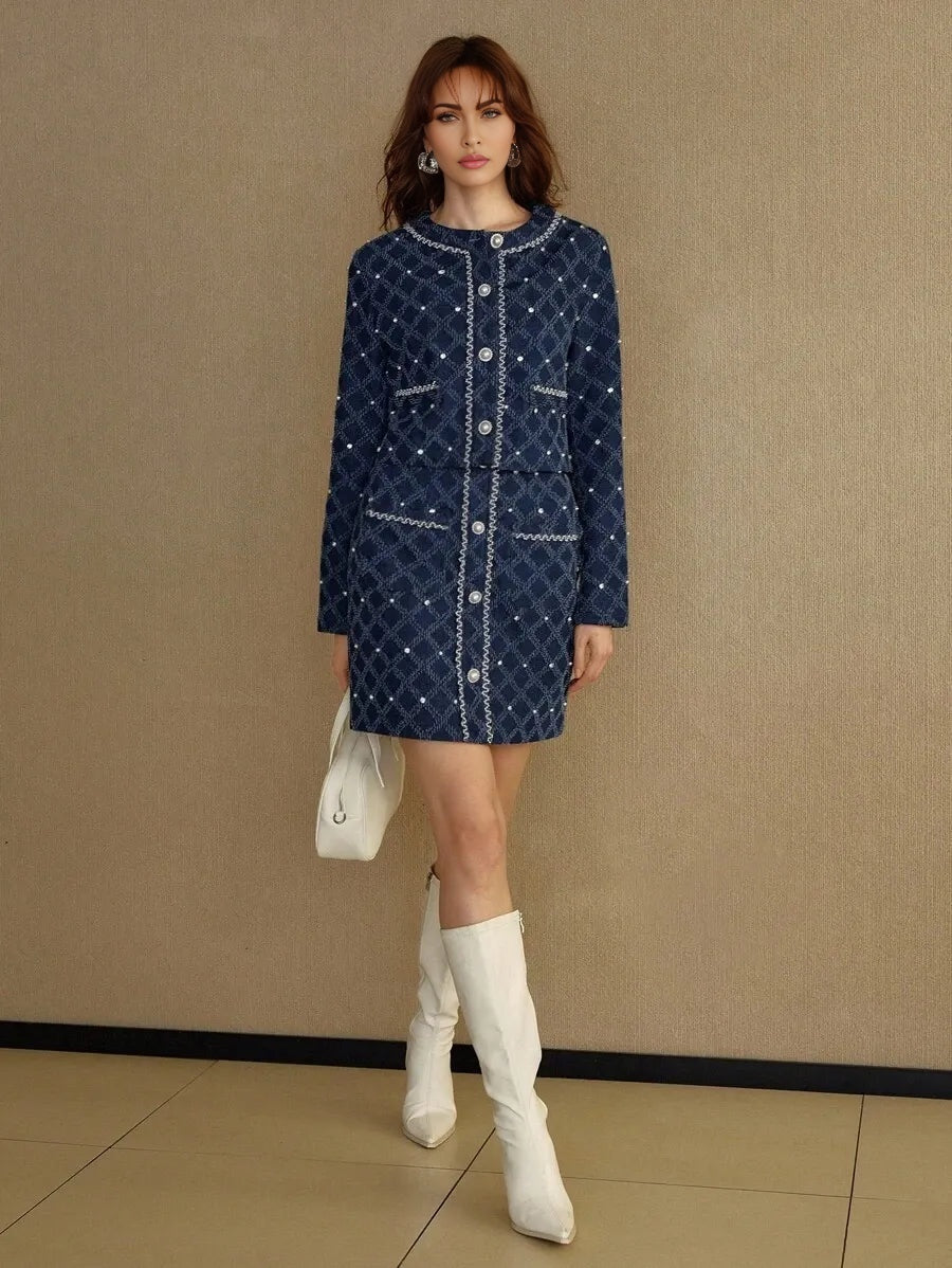 Donatella Denim Set - Round Neck - Button Front - Elegant Style - Crop Top - Mini Skirt - modified image