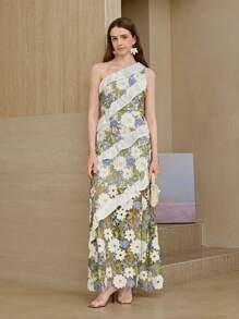Ambrogina Maxi Dress - Asymmetrical Neck - High Waist - Ruffle Details - Elegant Style - Floral Print