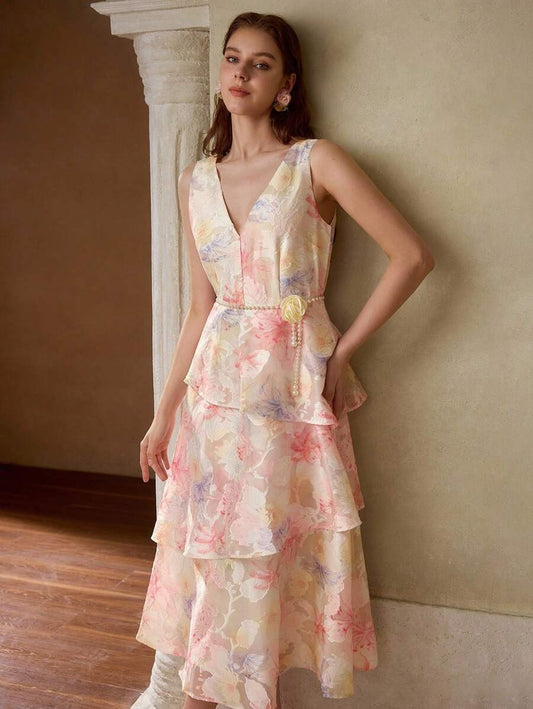 Rosalba Maxi Dress - V Neckline - High Waist - A Line - Backless Design - Ruffle Hem