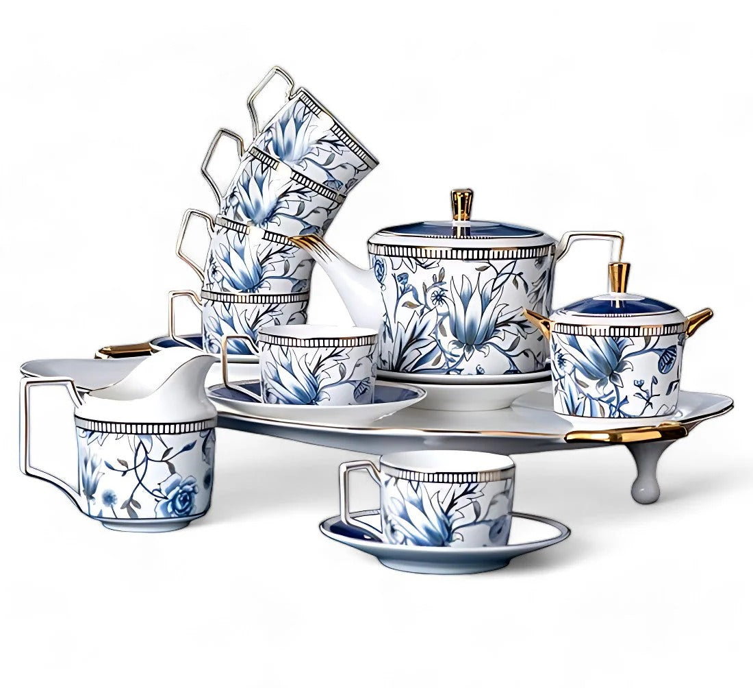 Modern English Porcelain Tea Set – Floral With Accents – 15-piece Set Jacqueline van Hoef