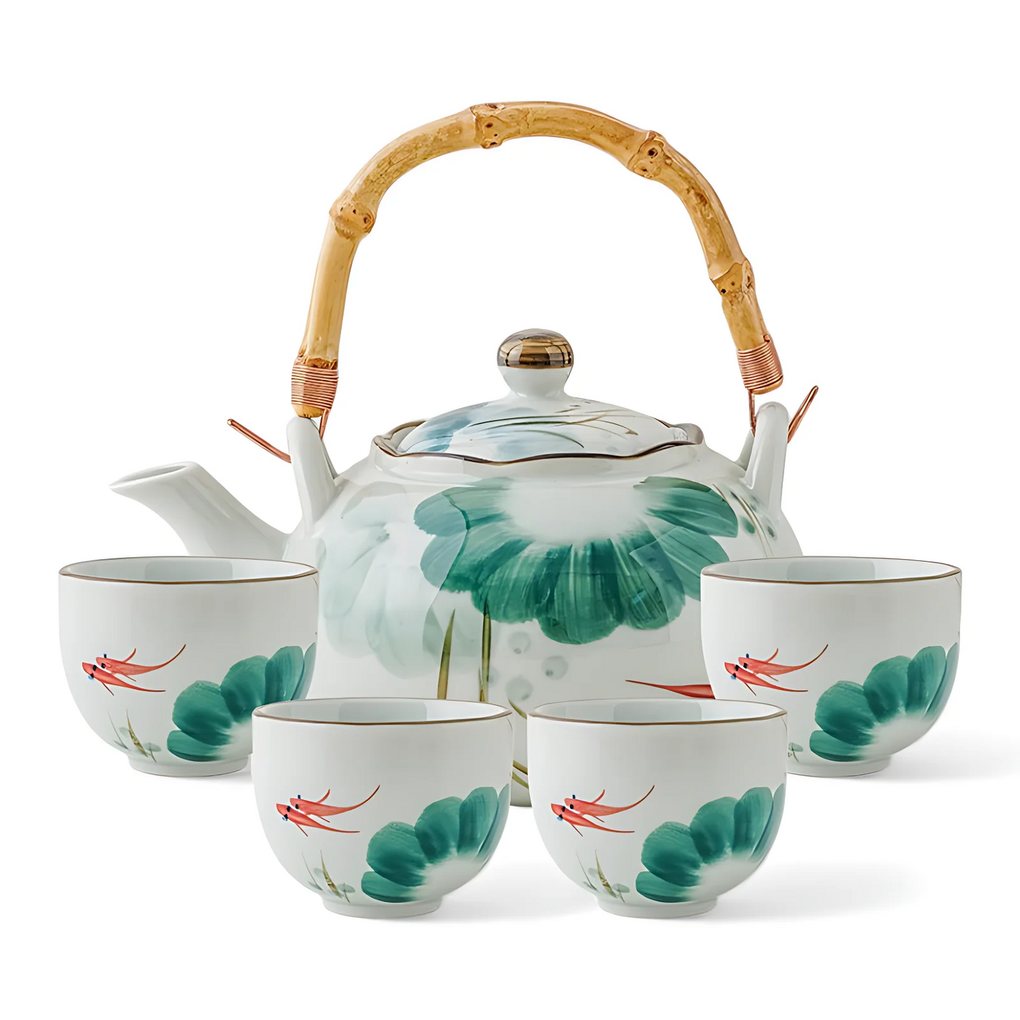 Vintage Japanese Porcelain Tea Set – Lotus & Koi – 5-piece Set With Bamboo Handle Jacqueline van Hoef