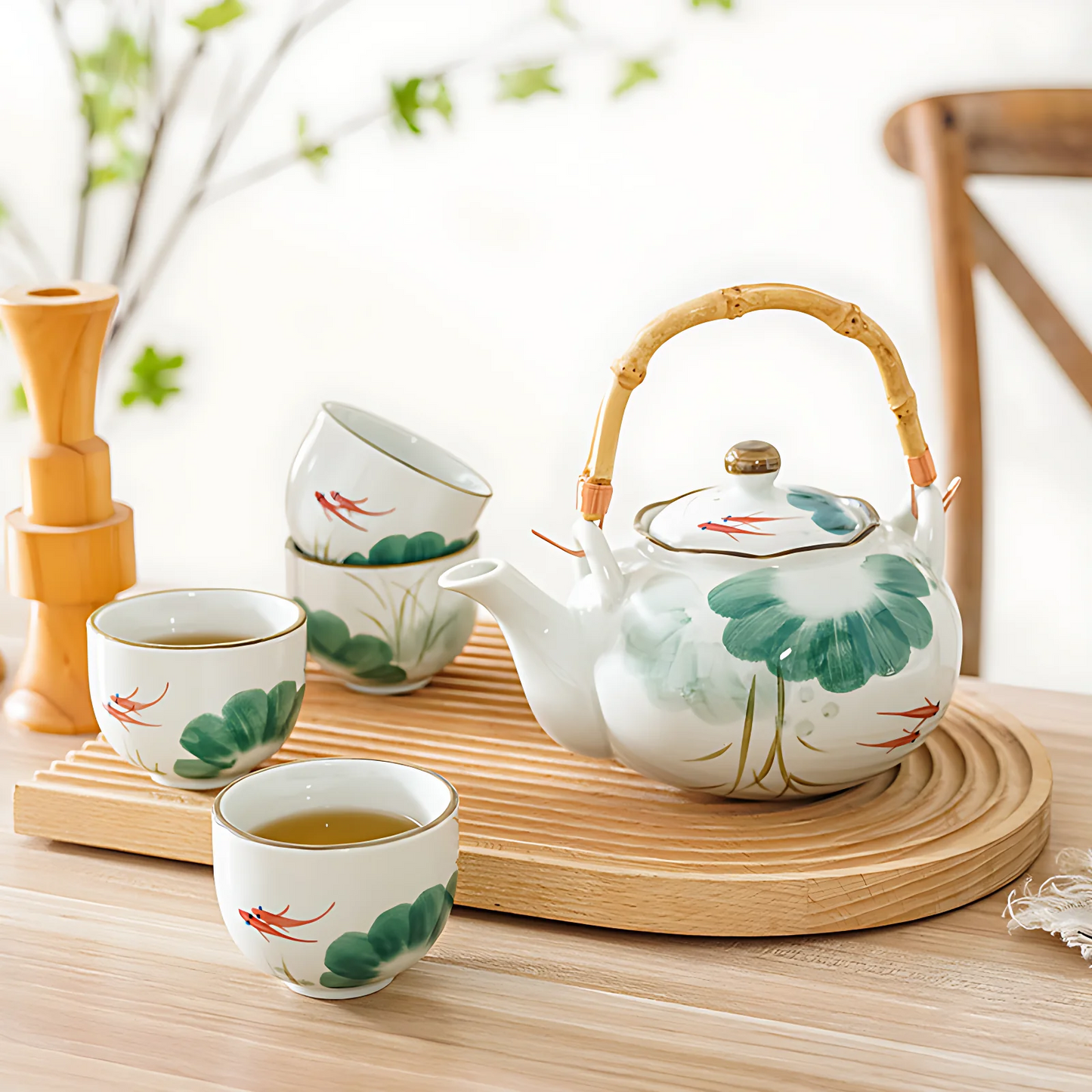 Vintage Japanese Porcelain Tea Set – Lotus & Koi – 5-piece Set With Bamboo Handle Jacqueline van Hoef