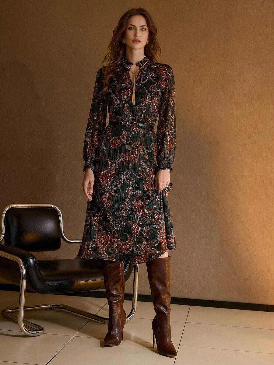 Stefania Maxi Dress - Notched Neckline - Bishop Sleeve - High Waist - A Line - Belted Chain Tape - Folk-Custom - modified image