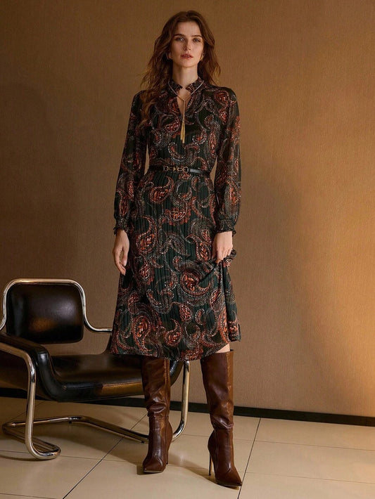 Stefania Maxi Dress - Notched Neckline - Bishop Sleeve - High Waist - A Line - Belted Chain Tape - Folk-Custom