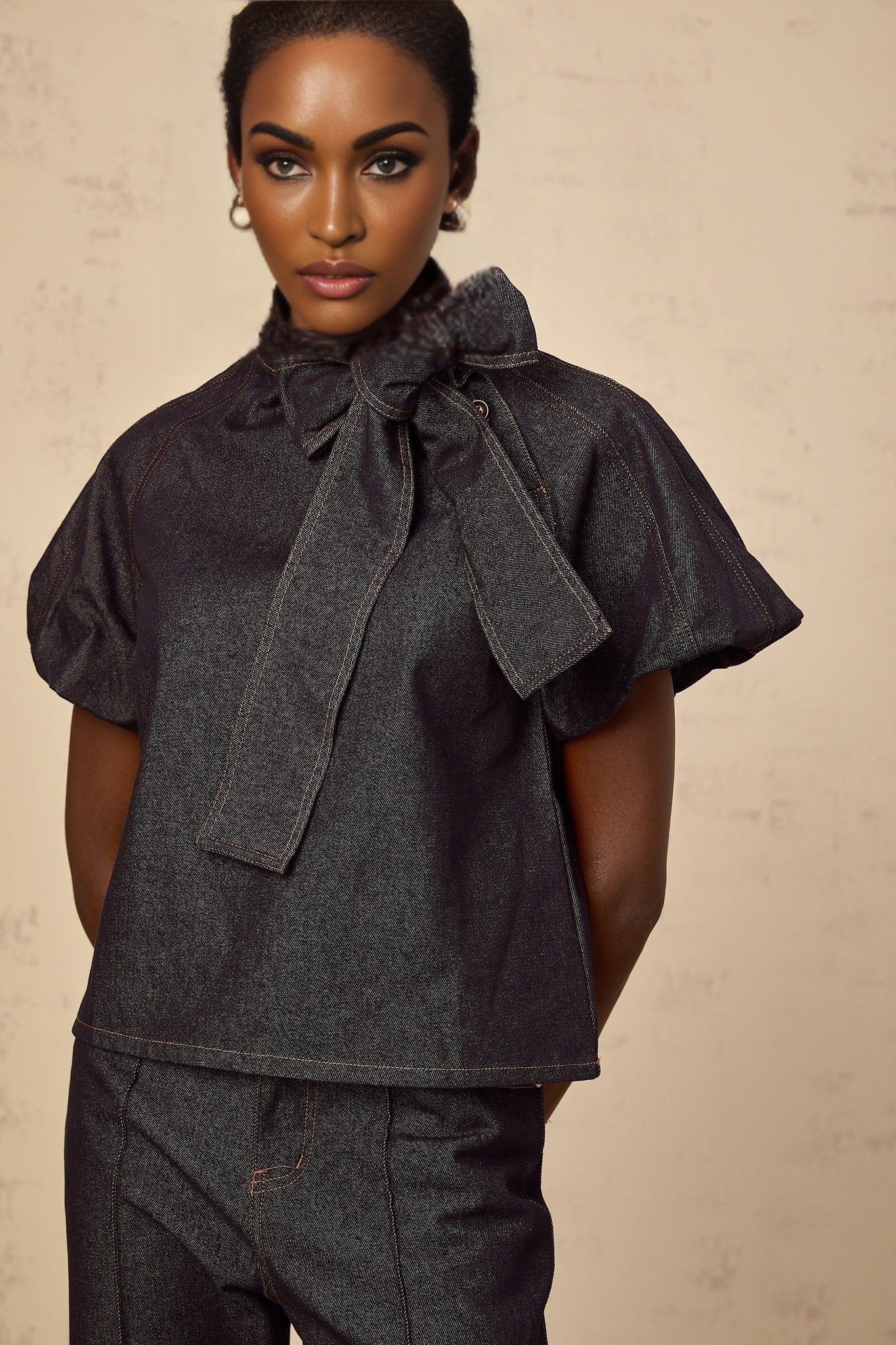 Indigo blue denim matching set with blouse and jeans featuring contrast stitching named Roxane