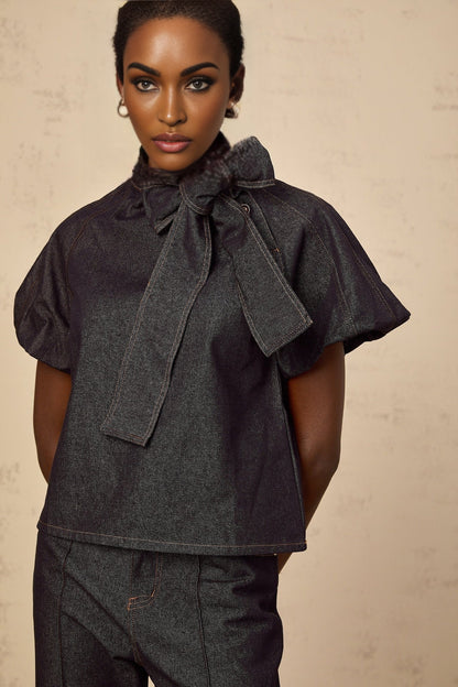 Indigo blue denim matching set with blouse and jeans featuring contrast stitching named Roxane