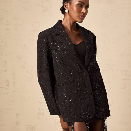 Ines Black Blazer with Stud Embellishments and Notched Lapels