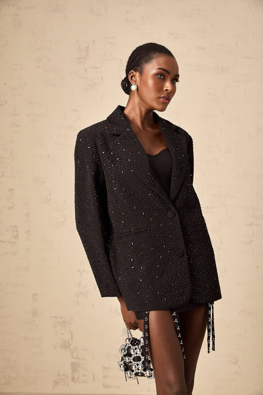 Ines Black Blazer with Stud Embellishments and Notched Lapels