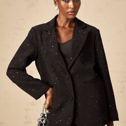 Ines Black Blazer with Stud Embellishments Notched Lapels Long Sleeves Front Button Fastening