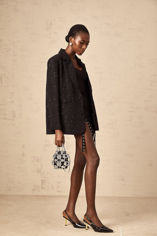 Ines Black Blazer with Stud Embellishments Notched Lapels and Front Button Fastening