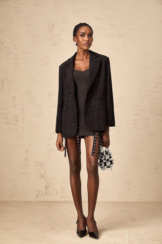 Ines Black Blazer with Stud Embellishments and Notched Lapels