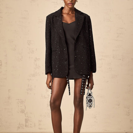Ines Black Blazer with Stud Embellishments and Notched Lapels
