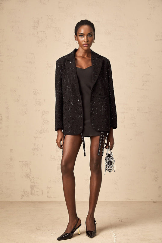 Ines Black Blazer with Stud Embellishments and Notched Lapels