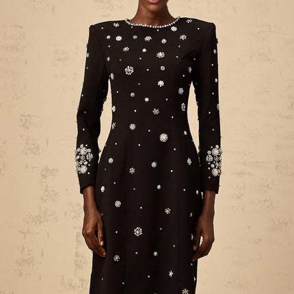 Ines Black Midi Dress with Crystal Embellishment and Dart Detailing