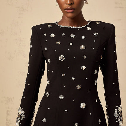 Ines Black Midi Dress with Crystal Embellishment and Dart Detailing